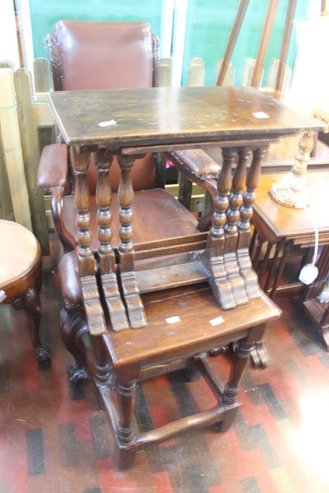 ***LOCATED AT GRESLEY****A 17th Century style stool in oak along with an oak set of three tables (