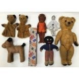 Two 1960s Sooty hand puppets made by Chad Valley, together with vintage Teddy, Dog, Golly, Pierrot