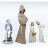 Four Lladro figures of a monk, boy with boat, girl with basket and a girl singer
