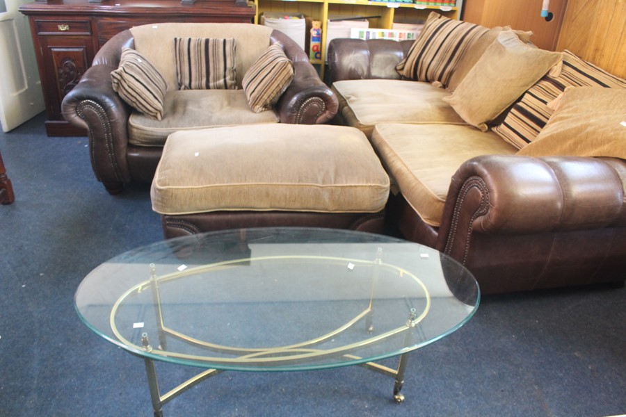 ***LOCATED AT GRESLEY**** Modern leather and fabric large sofa with pouffe and glass top brass