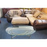 ***LOCATED AT GRESLEY**** Modern leather and fabric large sofa with pouffe and glass top brass