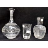 ***WITHDRAWN*** A mid Victorian wheel etched shaft and globe decanter, no stopper, a water with a