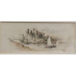 J. Douworth, Conway Castle and a Seascape, a pair of watercolours, signed