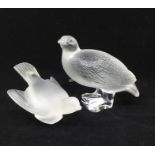 Two Modern Lalique birds, one frosted Dove and a Grouse, both etched to base  "Lalique France" and
