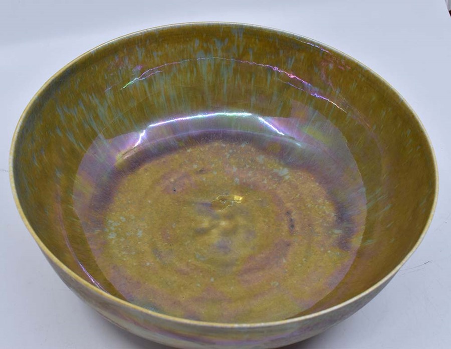 Ruskin Pottery: A Ruskin Pottery egg-shell porcelain bowl with brown and green mottled lustre glaze, - Image 2 of 4