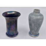 Ruskin Pottery: 2 Ruskin Pottery miniature vases to include flared vase with iridescent glaze,