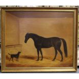 Style of Samuel Spode (19th Century) Black Hunter in a stable with terrier oil on canvas, 62 x 74.