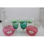 A collection of glass to include: six cranberry glass rinsers / finger bowls; four emerald