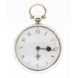 A George III silver open faced pocket watch, white enamel dial, black Arabic numerals, diameter