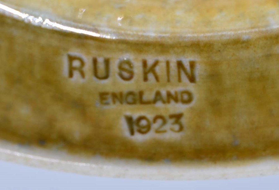 Ruskin Pottery: A Ruskin Pottery egg-shell porcelain bowl with brown and green mottled lustre glaze, - Image 3 of 4