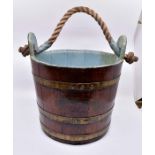 Napoleonic Wars period coopered fire bucket with rope handle, painted interior, remnants of