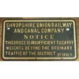 Railwayana: A cast iron, Shropshire Union Railway and Canal Company Notice, 'This Bridge is