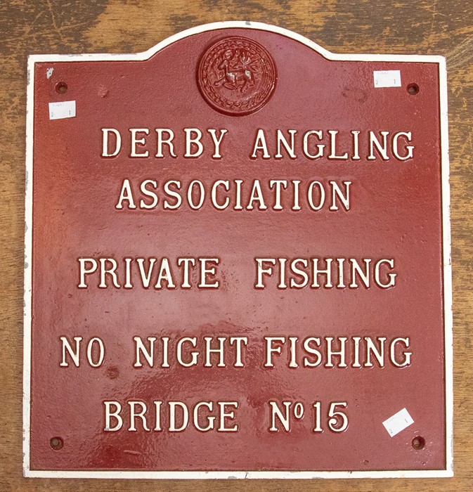 Angling Interest: A Derby Angling Association Private Fishing cast iron sign, from Bridge No. 15,