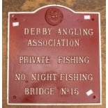 Angling Interest: A Derby Angling Association Private Fishing cast iron sign, from Bridge No. 15,