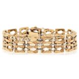 A 9ct gold fancy link two tone bracelet, bark textured yellow gold links with alternate white gold