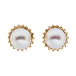 A pair of  pearl and diamond 18ct gold earrings, pink cultured pearl  set to the centre, pearl