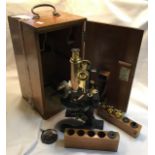 Zeiss ‘Jug Handle’ microscope c1906. Serial number 46500. Types A & D Objectives with cans, along