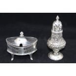 A Georgian style silver navette shaped mustard pot and cover, gallery sides with central