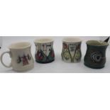Four Moorcroft mugs, including MCC 1897-1997; Beaufort House 1989; peacock feather; and a