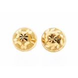 A pair of high carat gold earrings, round dome form with diamond cut  design, diameter approx