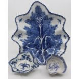 An 18th century Bow blue and white pickle dish, of leaf form, with foliate and insect decoration,