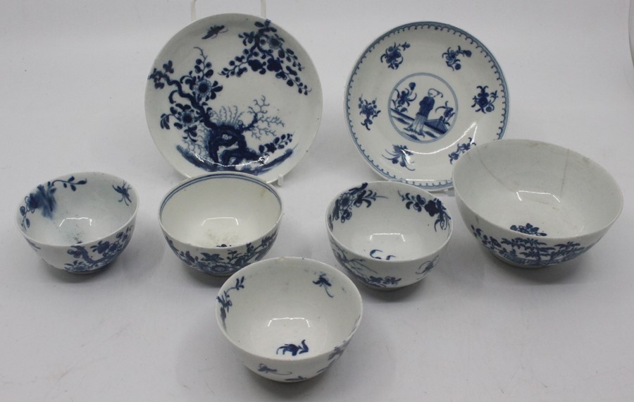 A collection of 18th century Worcester blue and white, including two Prunus Root tea bowls and a