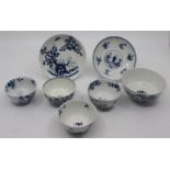 A collection of 18th century Worcester blue and white, including two Prunus Root tea bowls and a