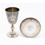 A Ripon Cathedral commemorative silver goblet and wine coaster, by JMS, Birmingham, 1972, 8.55