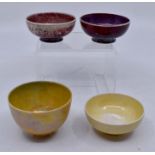 Ruskin Pottery: 4 Ruskin Pottery miniature teabowls including high fired sang de boeuf bowl,