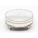An Edwardian shaped oval jewellery box, the cover engraved Nellie, on four cabriole legs, by William