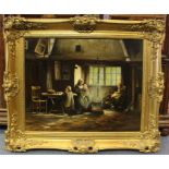 J Ridert ? (19th Century) Cottage interior scene with figures  oil on board, 38.5 x 49cm signed