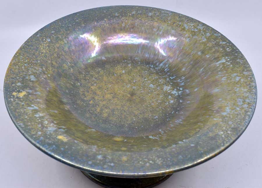 Ruskin Pottery: A Ruskin Pottery comport with a green speckled lustre glaze, diameter approx 24cm, - Image 2 of 3