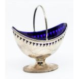 A George III silver Neo-Classical bright-cut engraved boat shaped sugar basket, swing handle above