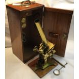 RSA style brass microscope c 1865, two eyepieces in cans, freestanding bullseye lens. Excellent
