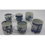 A collection of 18th century blue and white tea cups and coffee cans including Bow, Liverpool,