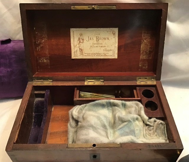 James Brown of Glasgow, brass microscope c1880 in wooden case with related accessories. - Image 4 of 4