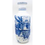 A Chinese Qing dynasty, Kangxi period (1662-1722) blue and white rouleau vase, painted with