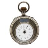 A Swiss silver Mystery pocket watch, cylinder crescent shaped movement above the dial concealed by a