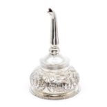 A George IV silver wine funnel, gadroon border, the ornate bulbous body chased with flowers and