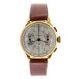 A gents Lebois &Co 18ct gold chronograph automatic wristwatch, round silvered dial, duel