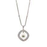 A south sea pearl and diamond 18ct white gold pendant, the pearl approx 14 x 11mm set to the top