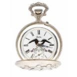 A Sears white metal hunter pocket watch, white dial, black Roman numerals, subsidiary dial, eagle