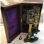 James Brown of Glasgow, brass microscope c1880 in wooden case with related accessories.