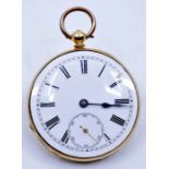 An 18ct gold open faced pocket watch, white enamel dial black Roman numerals, black hands and