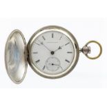 A Waltham & Co hunter pocket watch, white enamel dial marked American watch, with black Roman