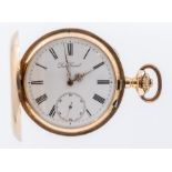A 14ct gold hunter pocket watch, Louis Gisel, white enamel dial, Roman numerals, gold tone Louis XIV