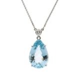 A blue topaz and diamond 18ct white gold pendant, comprising a claw set pear cut blue topaz weighing