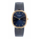 A Patek Phillippe 18ct gold ladies wristwatch, blue metallic cushion shaped dial, baton markers,