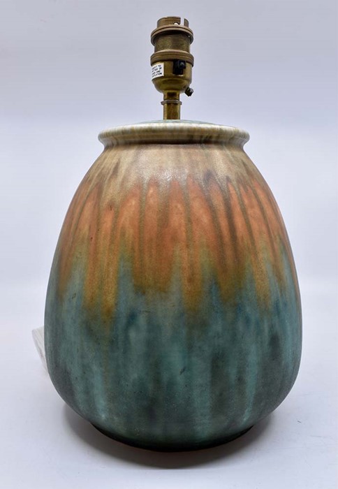 Ruskin Pottery: A Ruskin Pottery lamp base with green and brown glaze, height approx 30cm with