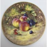 A Royal Worcester painted porcelain plain circular plate, the entire painted with peaches, sloes,